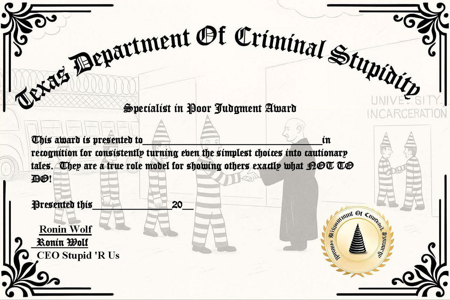 Specialist in Poor Judgment Award Certificate