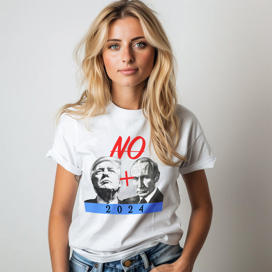 A woman wearing a white t-shirt that says "No Trump-Putin 2024"